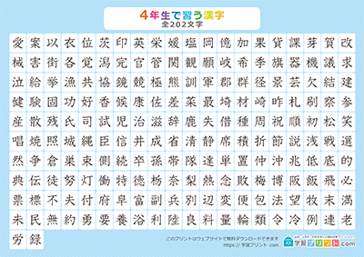 小学4年生の漢字一覧表（漢字のみ） ブルー A4